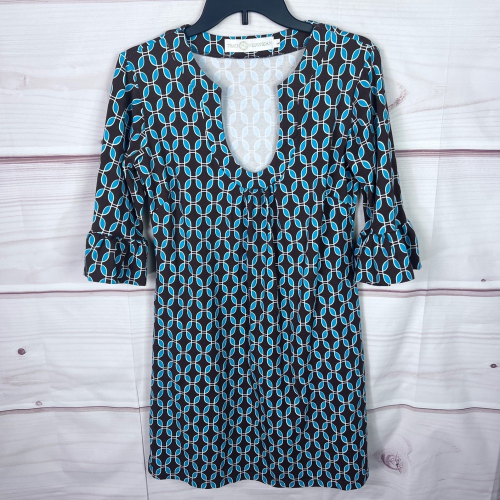 Tracy Negoshian Dress Womens L Brown Geometric Shift Scoop Neck Zip Pocket Knit